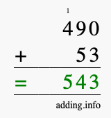 Calculate 490 + 53 using long addition
