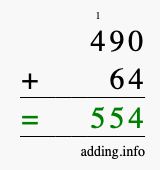 Calculate 490 + 64 using long addition