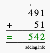 Calculate 491 + 51 using long addition