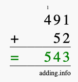 Calculate 491 + 52 using long addition