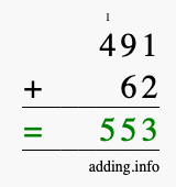 Calculate 491 + 62 using long addition