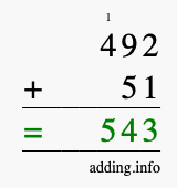 Calculate 492 + 51 using long addition