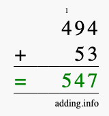 Calculate 494 + 53 using long addition