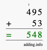 Calculate 495 + 53 using long addition