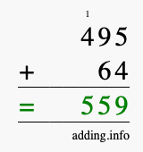 Calculate 495 + 64 using long addition