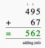 Calculate 495 + 67 using long addition
