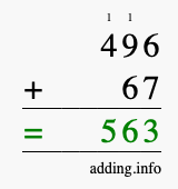 Calculate 496 + 67 using long addition