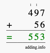 Calculate 497 + 56 using long addition