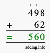 Calculate 498 + 62 using long addition