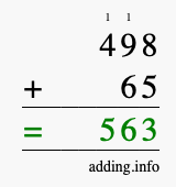 Calculate 498 + 65 using long addition