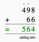 Calculate 498 + 66 using long addition