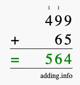 Calculate 499 + 65 using long addition