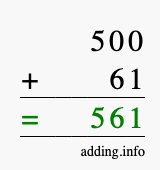 Calculate 500 + 61 using long addition