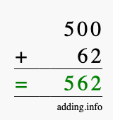 Calculate 500 + 62 using long addition