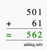 Calculate 501 + 61 using long addition