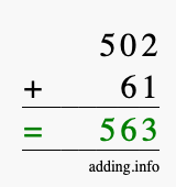 Calculate 502 + 61 using long addition