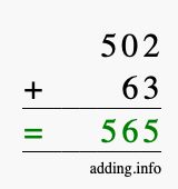 Calculate 502 + 63 using long addition