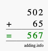 Calculate 502 + 65 using long addition