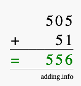 Calculate 505 + 51 using long addition