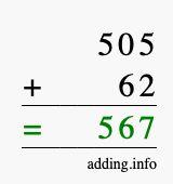Calculate 505 + 62 using long addition