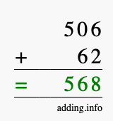 Calculate 506 + 62 using long addition