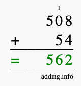 Calculate 508 + 54 using long addition