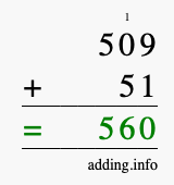 Calculate 509 + 51 using long addition