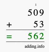 Calculate 509 + 53 using long addition