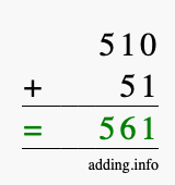Calculate 510 + 51 using long addition