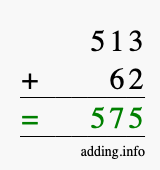 Calculate 513 + 62 using long addition