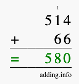 Calculate 514 + 66 using long addition