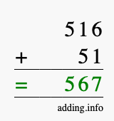 Calculate 516 + 51 using long addition