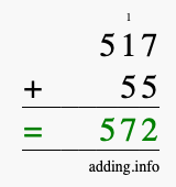 Calculate 517 + 55 using long addition