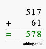 Calculate 517 + 61 using long addition