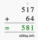 Calculate 517 + 64 using long addition
