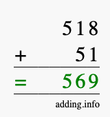 Calculate 518 + 51 using long addition