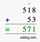 Calculate 518 + 53 using long addition