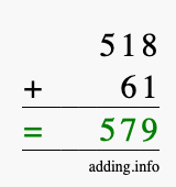Calculate 518 + 61 using long addition