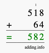 Calculate 518 + 64 using long addition