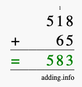Calculate 518 + 65 using long addition