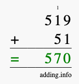 Calculate 519 + 51 using long addition