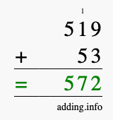 Calculate 519 + 53 using long addition