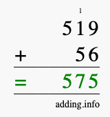 Calculate 519 + 56 using long addition
