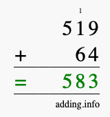 Calculate 519 + 64 using long addition