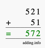 Calculate 521 + 51 using long addition