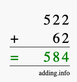 Calculate 522 + 62 using long addition