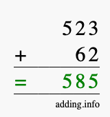 Calculate 523 + 62 using long addition