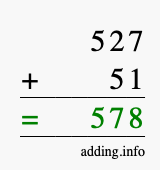 Calculate 527 + 51 using long addition