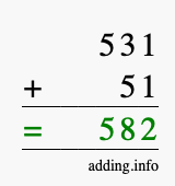 Calculate 531 + 51 using long addition