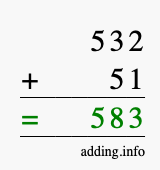 Calculate 532 + 51 using long addition